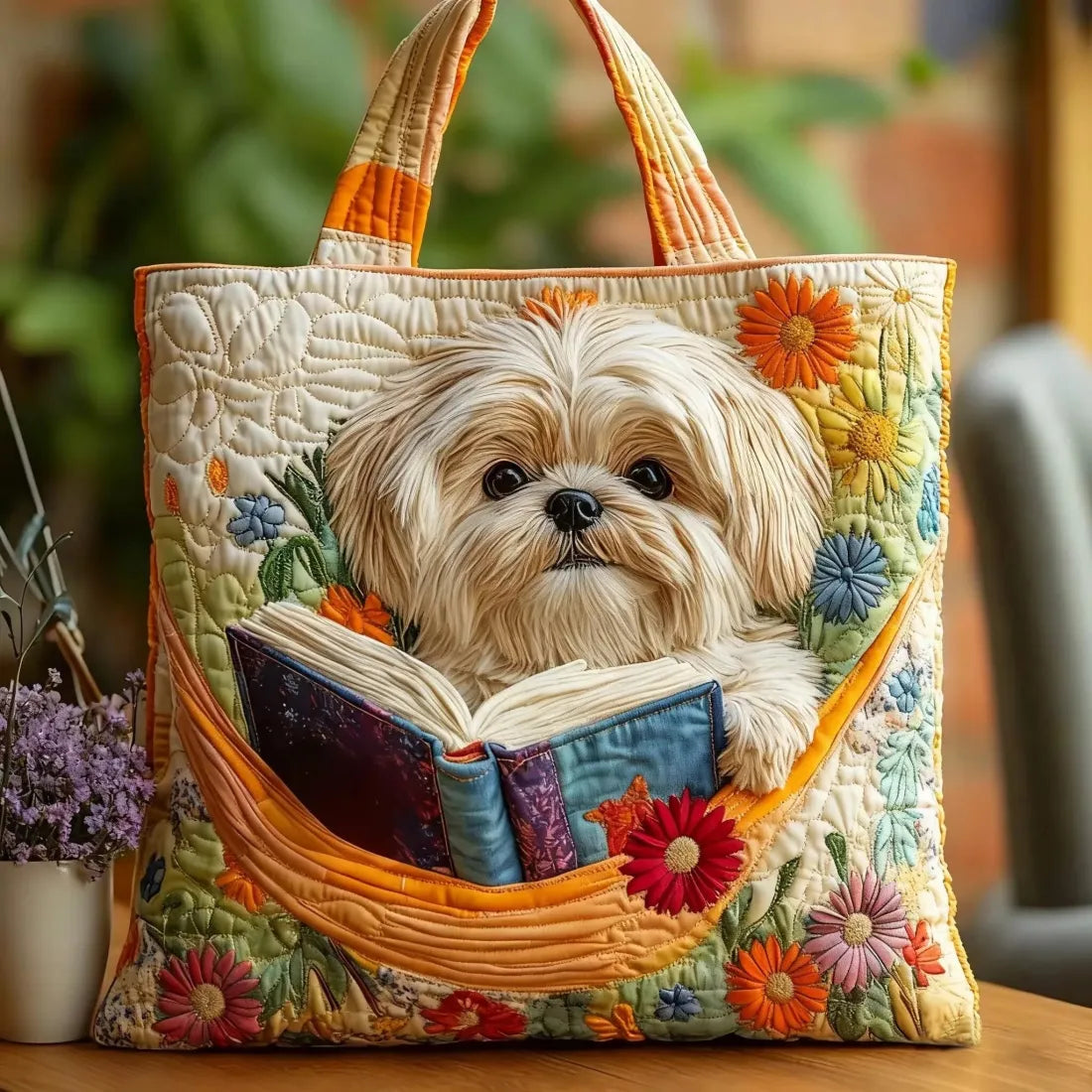 Handcrafted Bag Shih Tzu with Books and Flowers