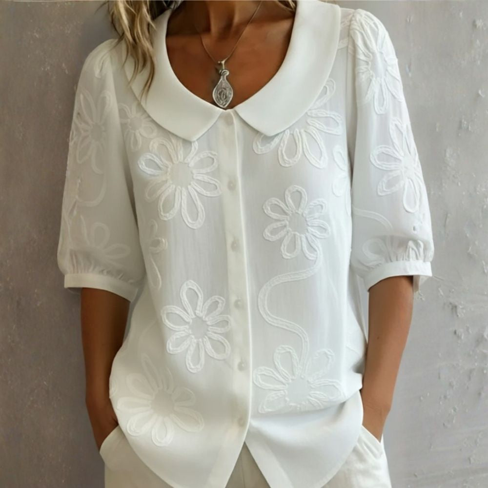 Clotilde™ | Blouse with Peter Pan collar and floral embroidery
