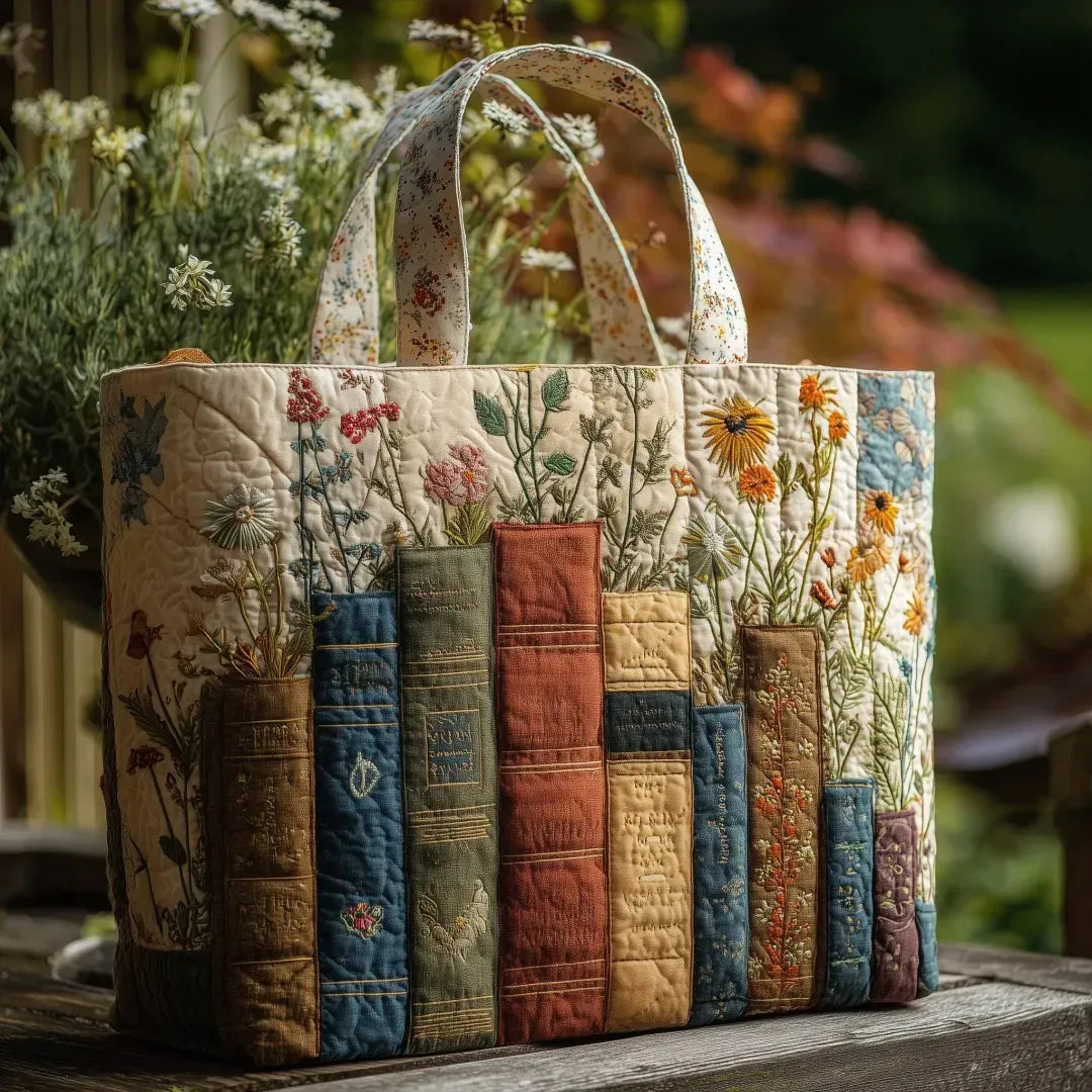 Bag in Fabric Quilted Handcrafted : Books and Flowers