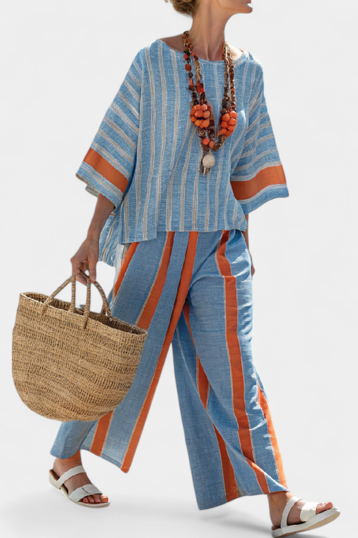 Velmere | Haut en Terracotta Striped Raffiné et Pantalon en Lin