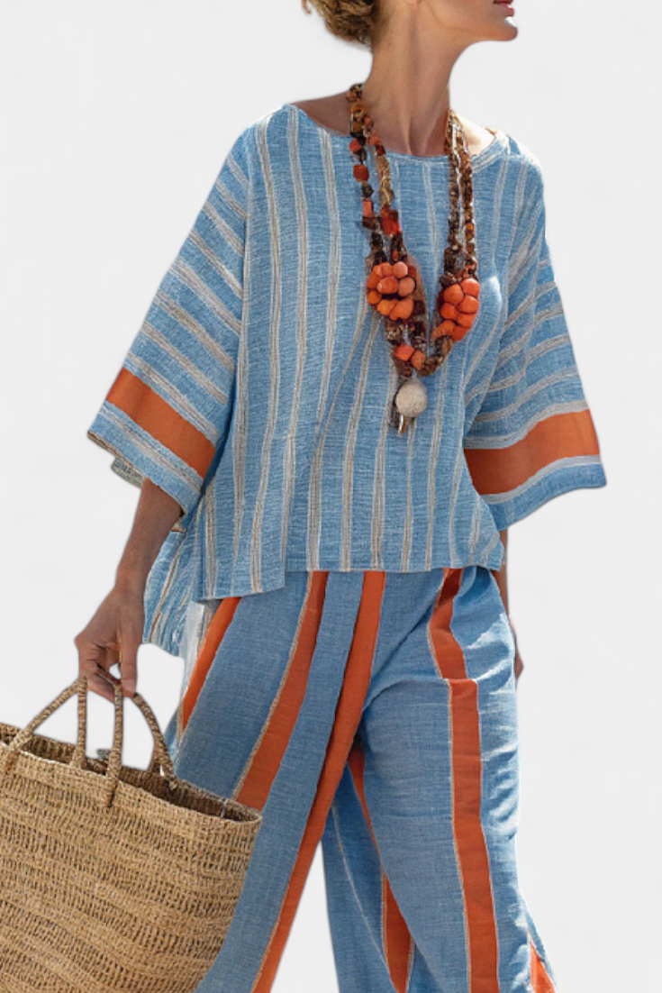 Velmere | Haut en Terracotta Striped Raffiné et Pantalon en Lin