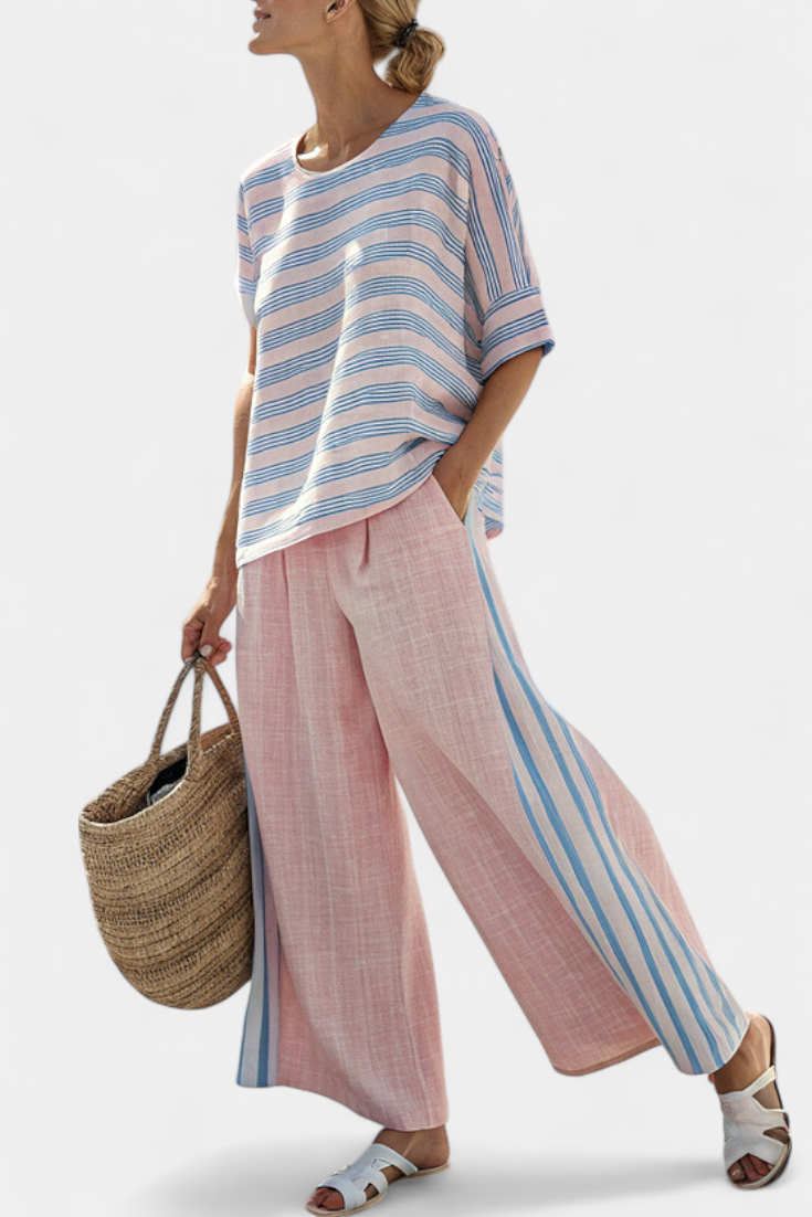Virella | Élégante Blouse Lin Rose-Bleu et Pantalon Doux