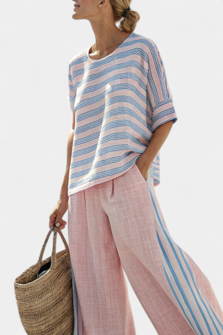 Virella | Élégante Blouse Lin Rose-Bleu et Pantalon Doux