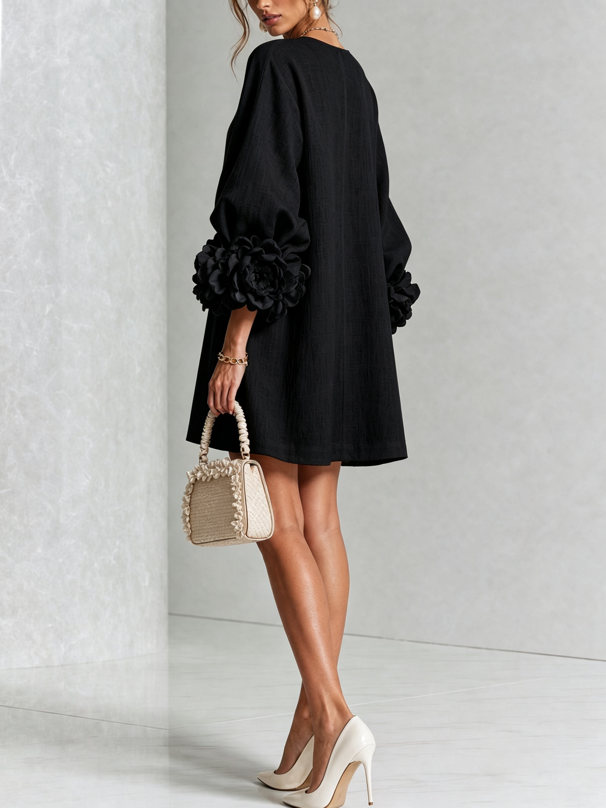 White Mini Dress with Flower Buttons and Extravagant Flower Sleeves