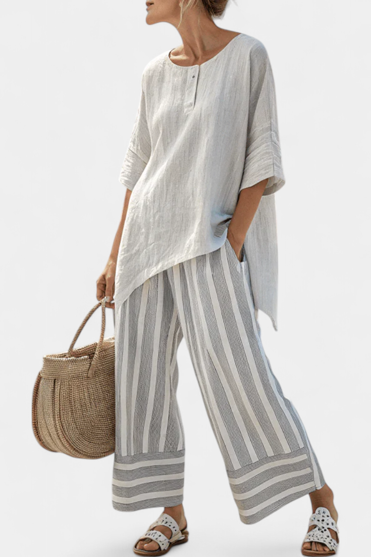 Talvora | Blouse Asymétrique Elegante & Pants Striped