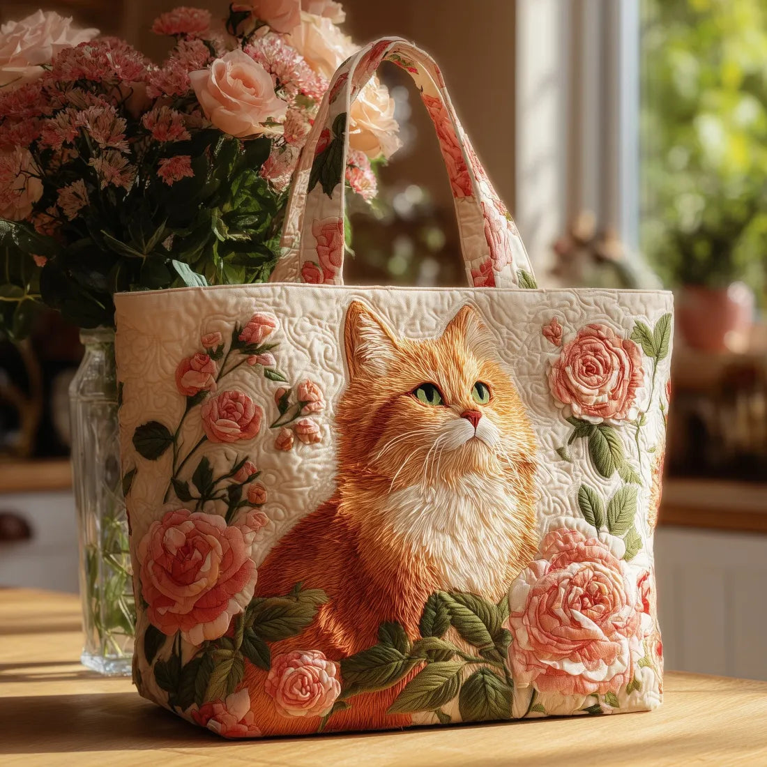 Handcrafted Bag Cat Red with Roses