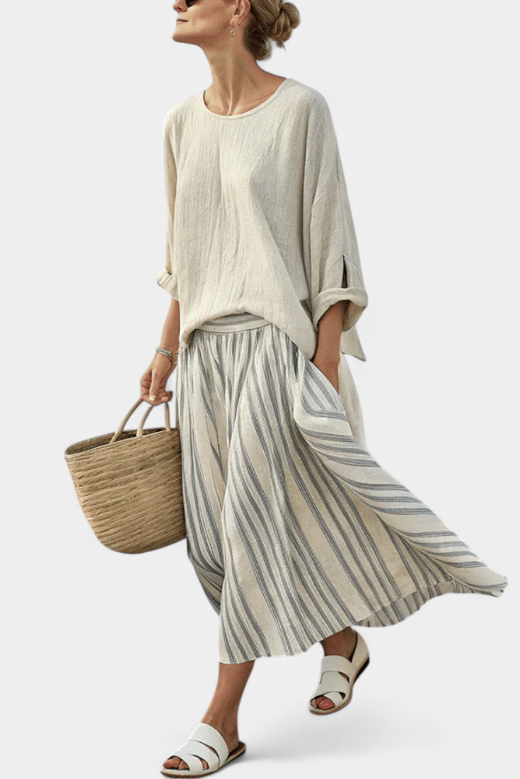 Aurcyn | Blouse ample confortable & Jupe midi rayée