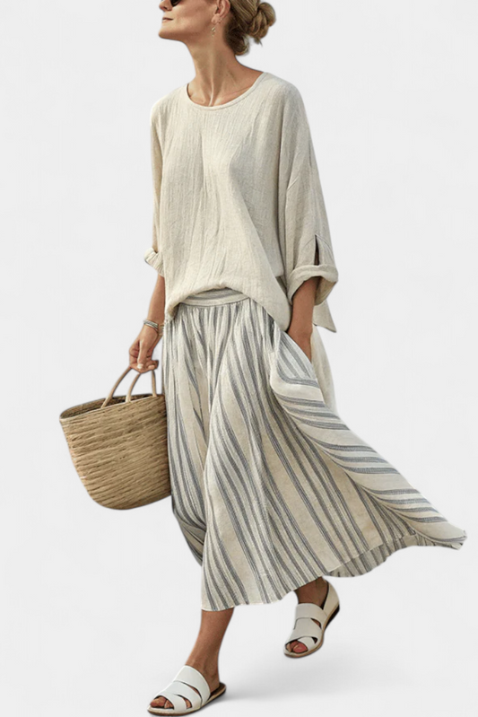 Aurcyn | Blouse ample confortable & Jupe midi rayée