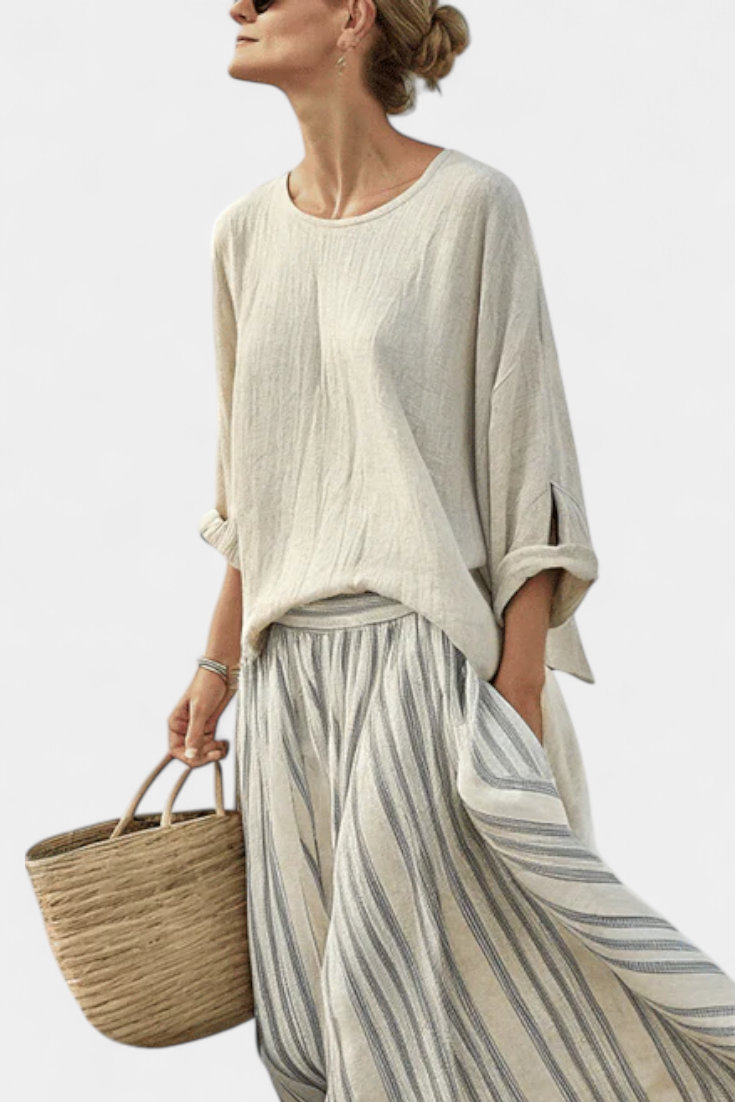 Aurcyn | Blouse ample confortable & Jupe midi rayée