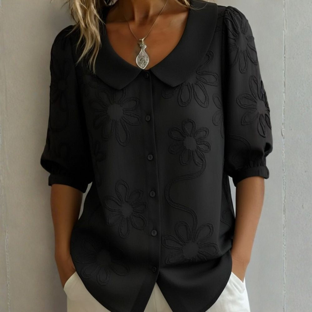 Clotilde™ | Blouse with Peter Pan collar and floral embroidery