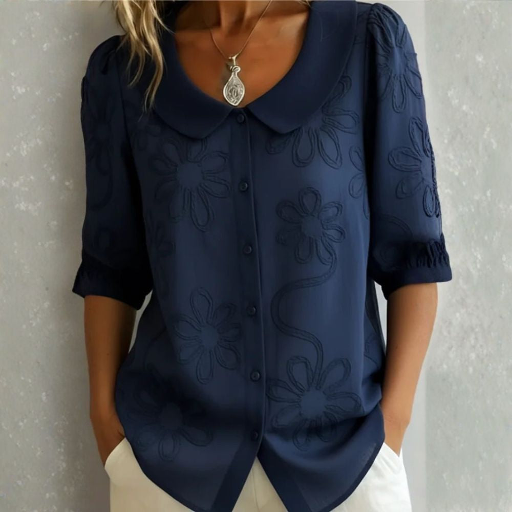 Clotilde™ | Blouse with Peter Pan collar and floral embroidery
