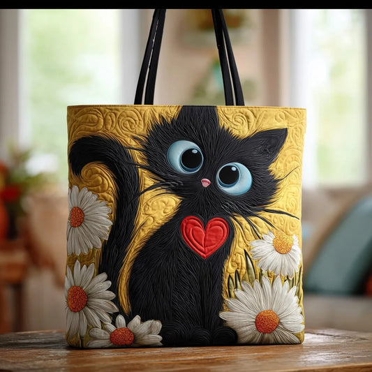 Handcrafted Bag Cat Black with Heart and Marguerites