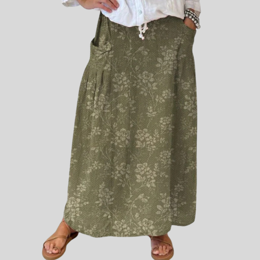 Vintage Floral Linen Skirt for Women with Elastic Waist and Pocket