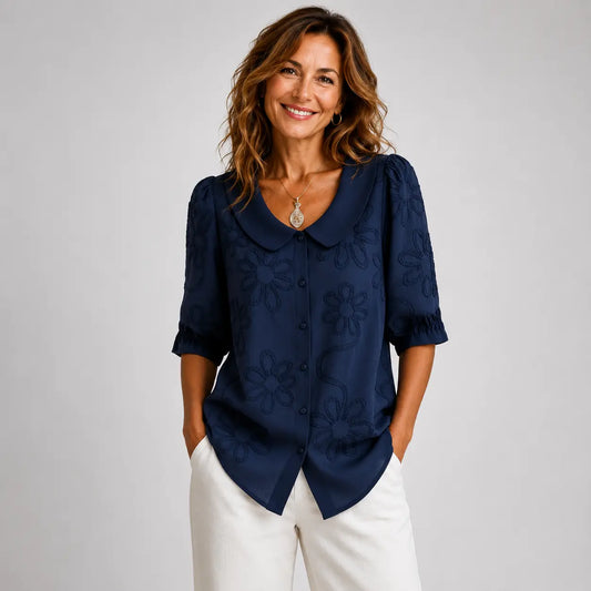 Clotilde™ | Blouse with Peter Pan collar and floral embroidery