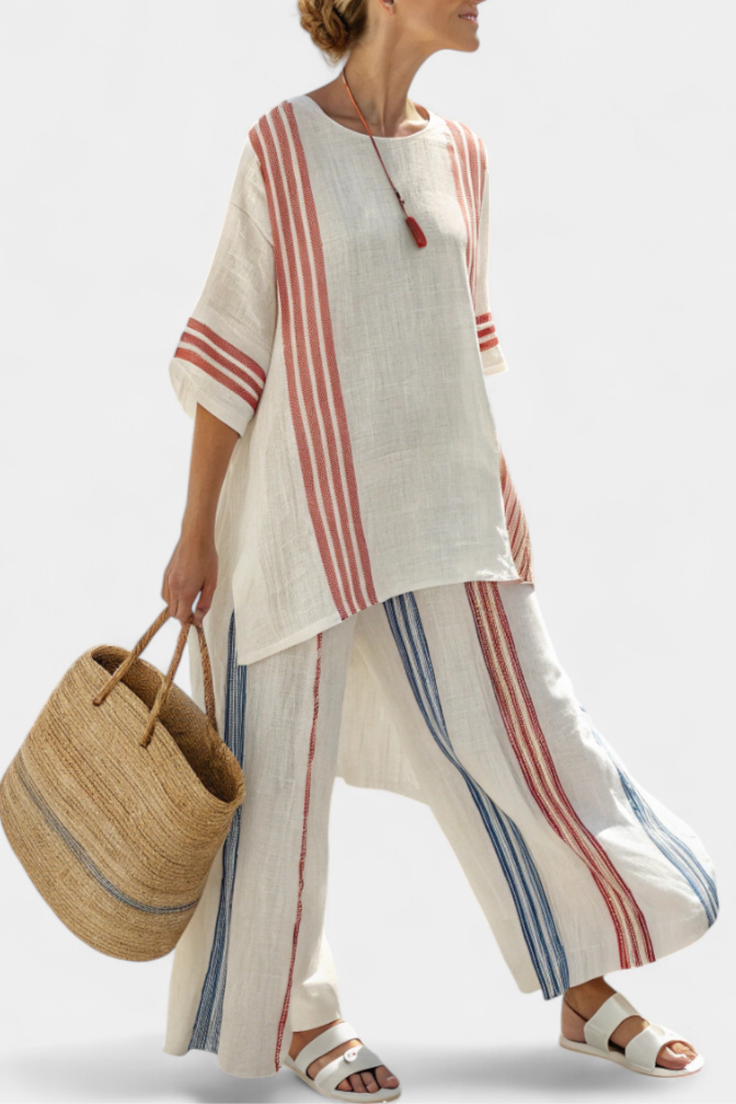 Solvane | Haut Rayé Multicolore Raffiné & Pantalon Méditerranéen