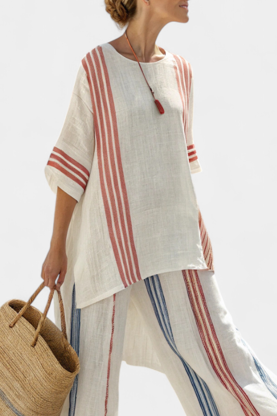 Solvane | Haut Rayé Multicolore Raffiné & Pantalon Méditerranéen