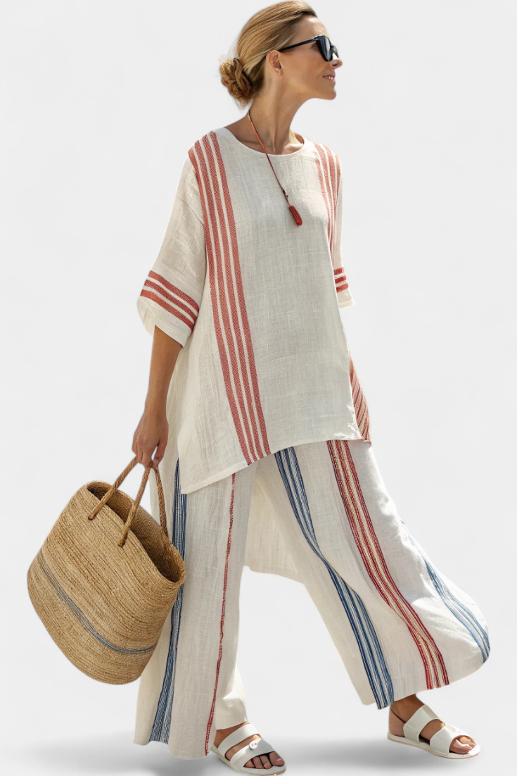 Solvane | Haut Rayé Multicolore Raffiné & Pantalon Méditerranéen