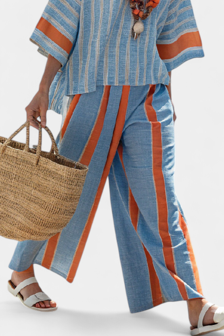 Velmere | Haut en Terracotta Striped Raffiné et Pantalon en Lin