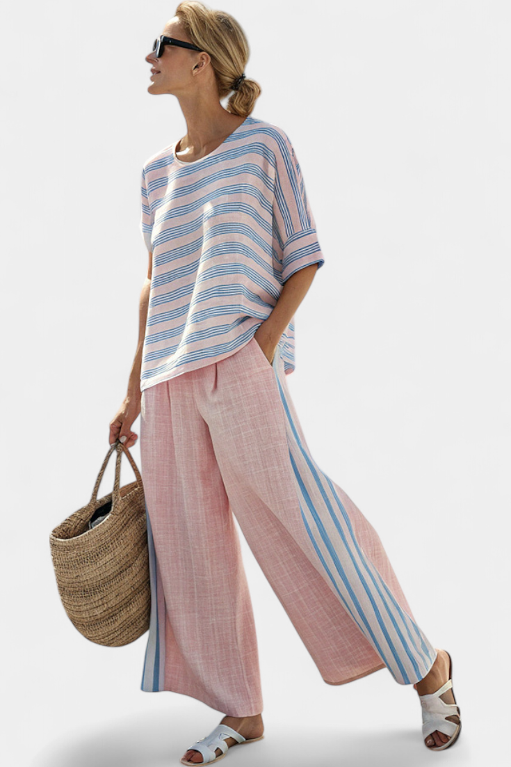 Virella | Élégante Blouse Lin Rose-Bleu et Pantalon Doux
