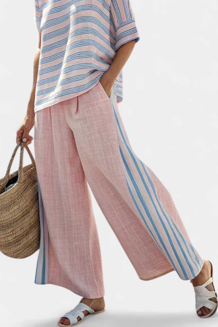 Virella | Élégante Blouse Lin Rose-Bleu et Pantalon Doux