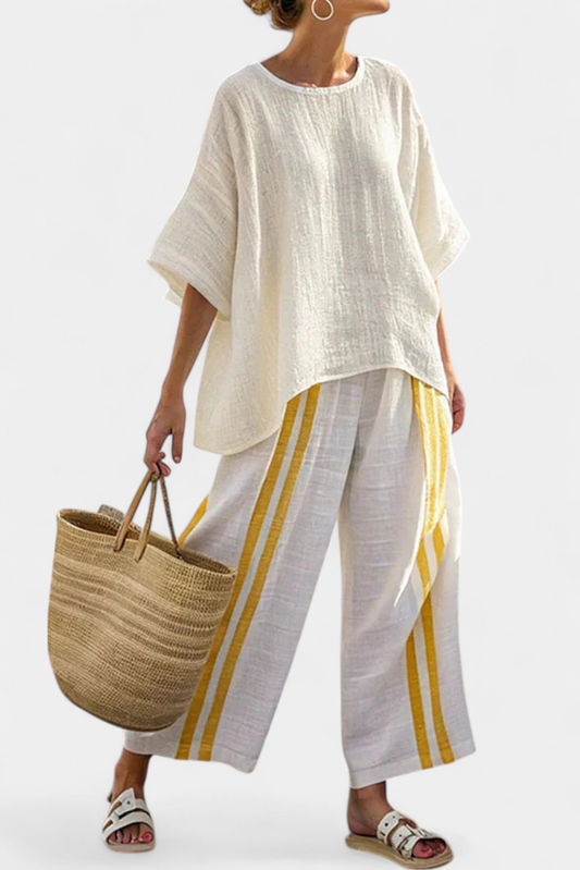 Anselor | Haut Rayé Lin Jaune Élégant & Pantalon Ample