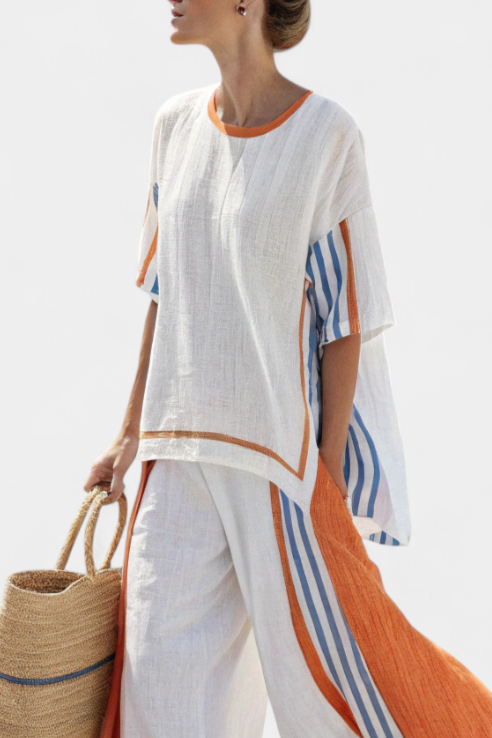 Thorneil | Pants Large Striped Comfortable & Top Linen