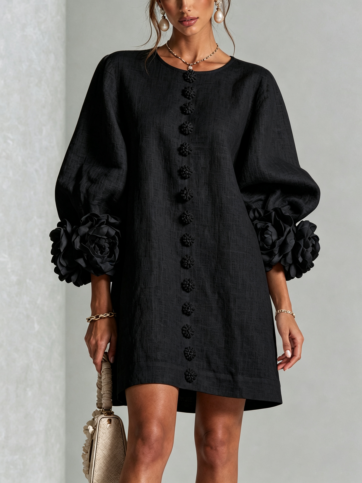 White Mini Dress with Flower Buttons and Extravagant Flower Sleeves