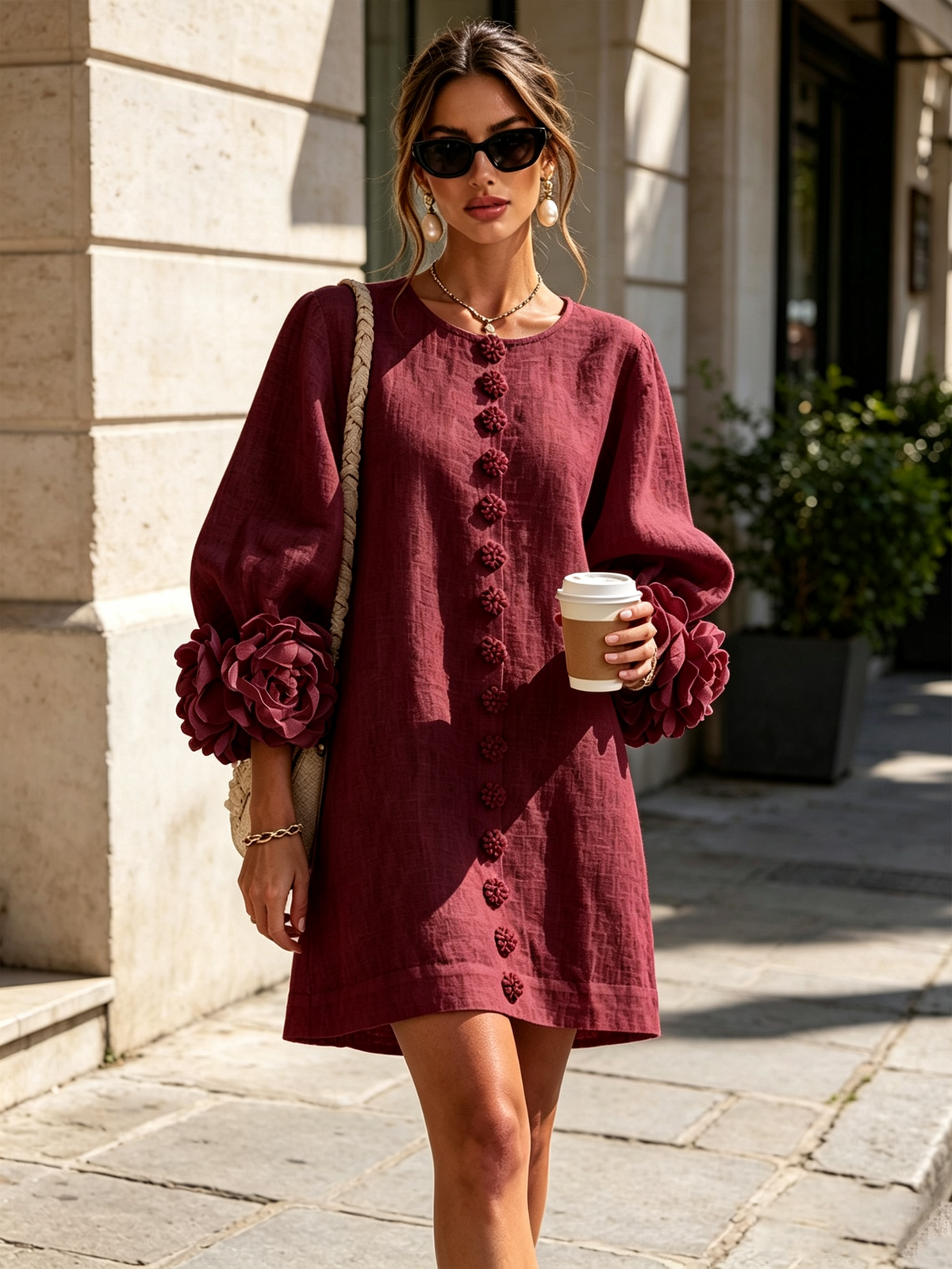 White Mini Dress with Flower Buttons and Extravagant Flower Sleeves