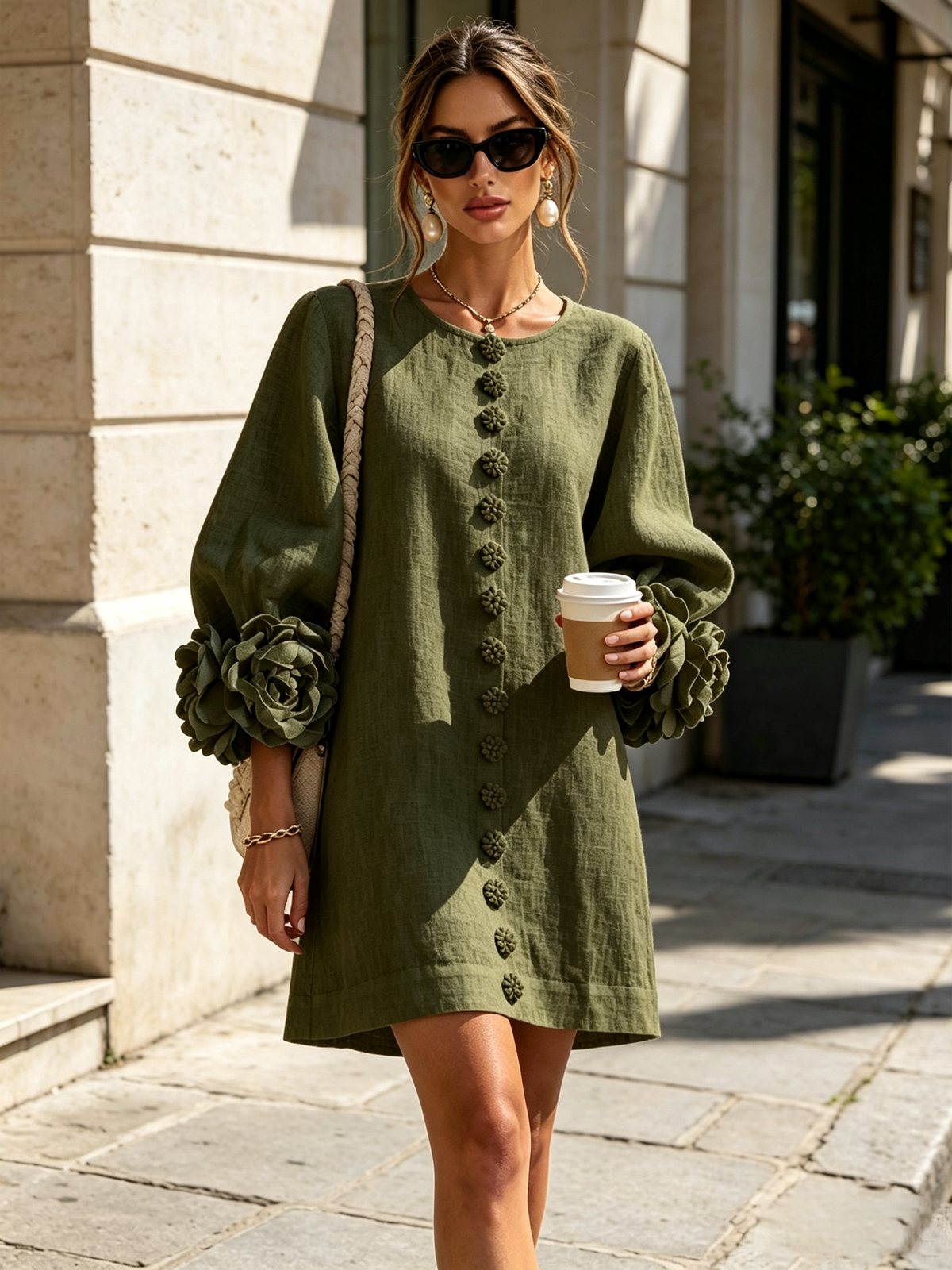 White Mini Dress with Flower Buttons and Extravagant Flower Sleeves