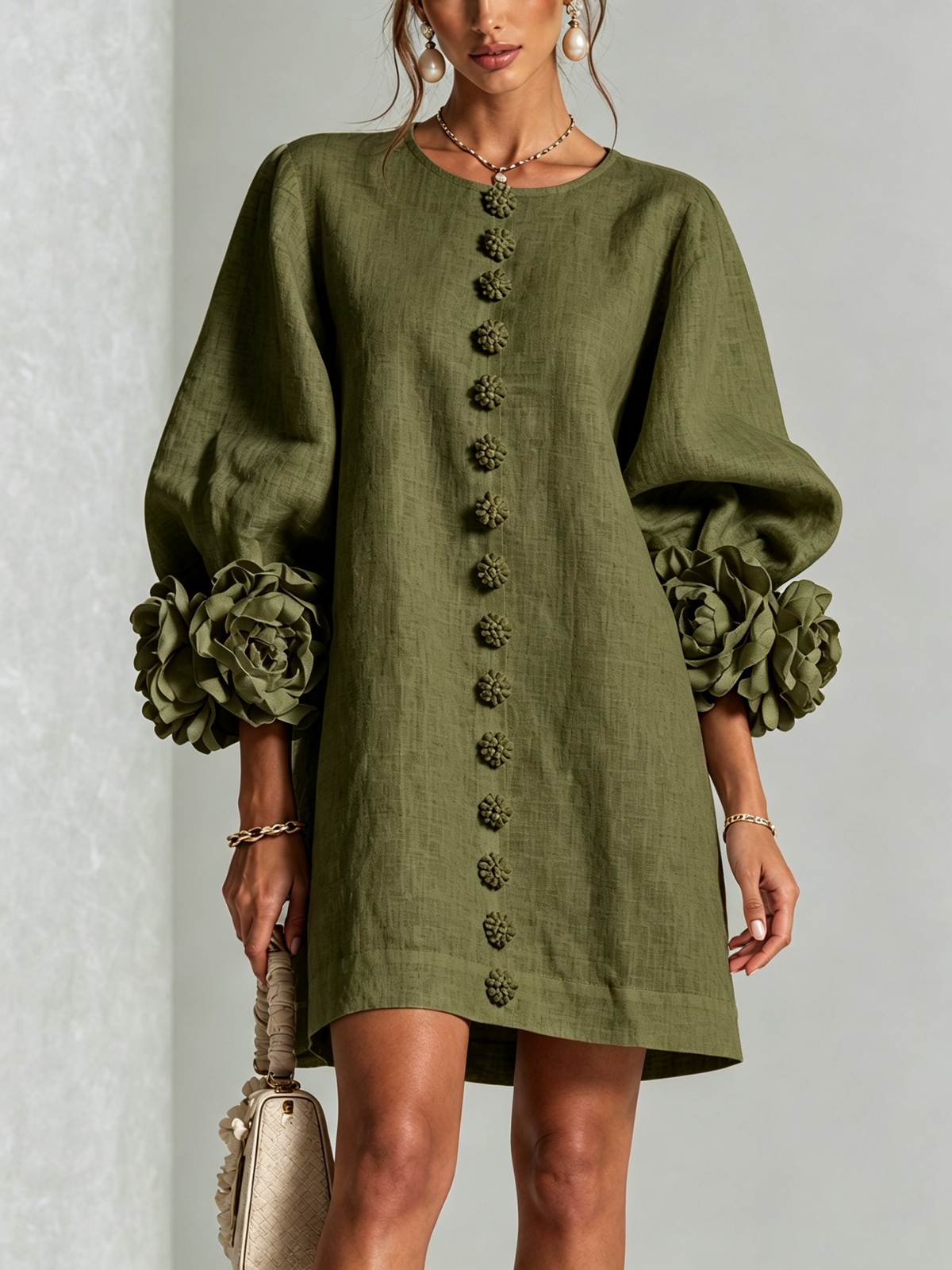 White Mini Dress with Flower Buttons and Extravagant Flower Sleeves