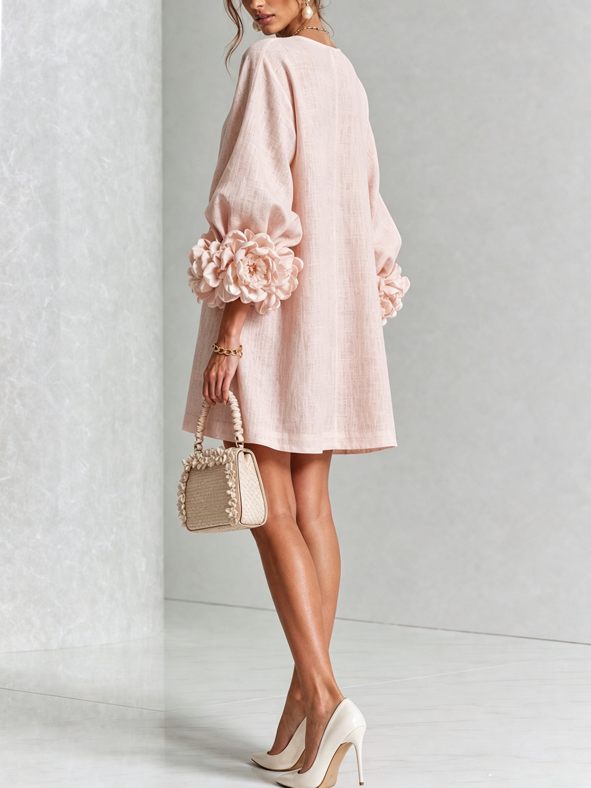 White Mini Dress with Flower Buttons and Extravagant Flower Sleeves