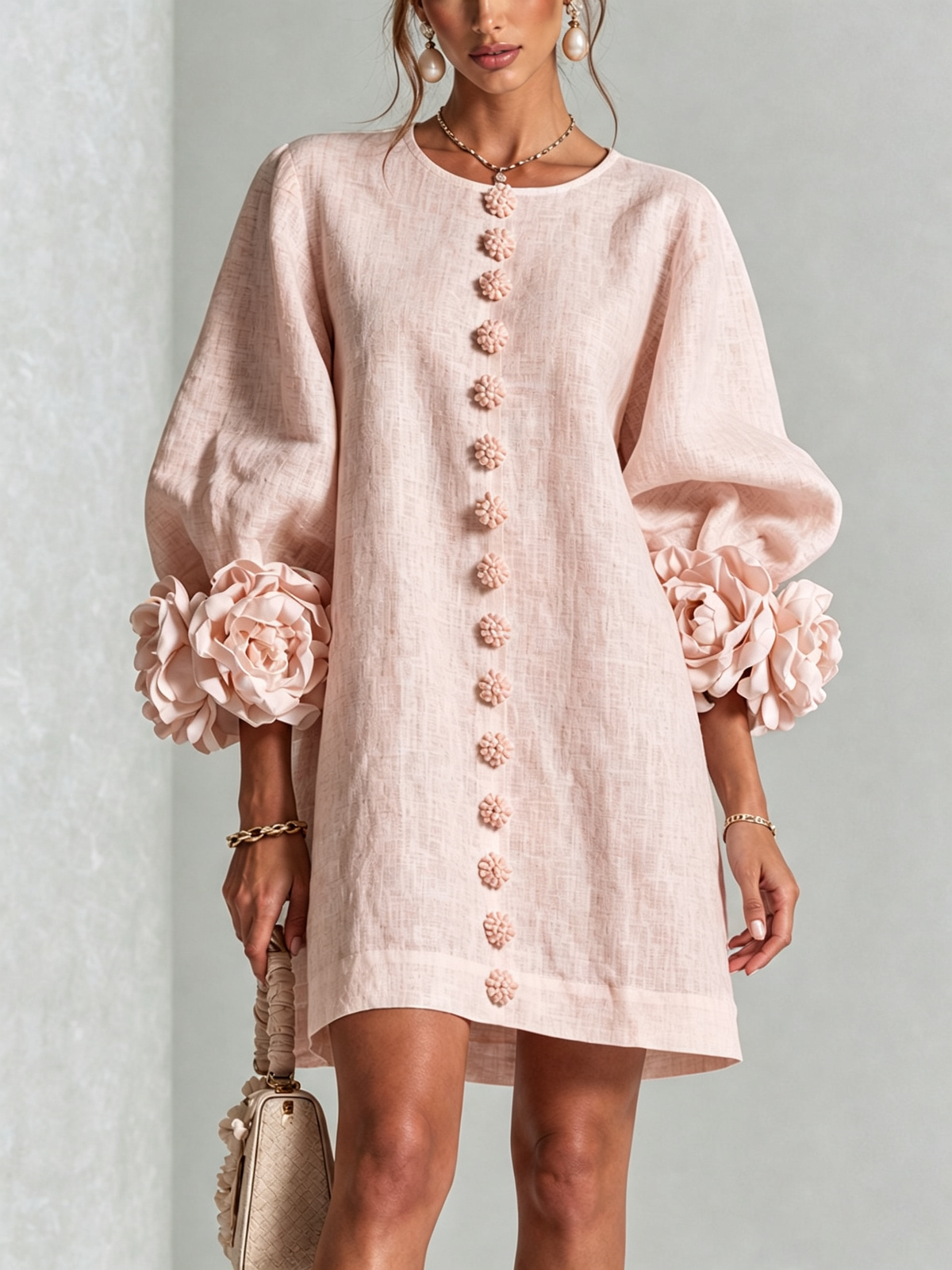 White Mini Dress with Flower Buttons and Extravagant Flower Sleeves