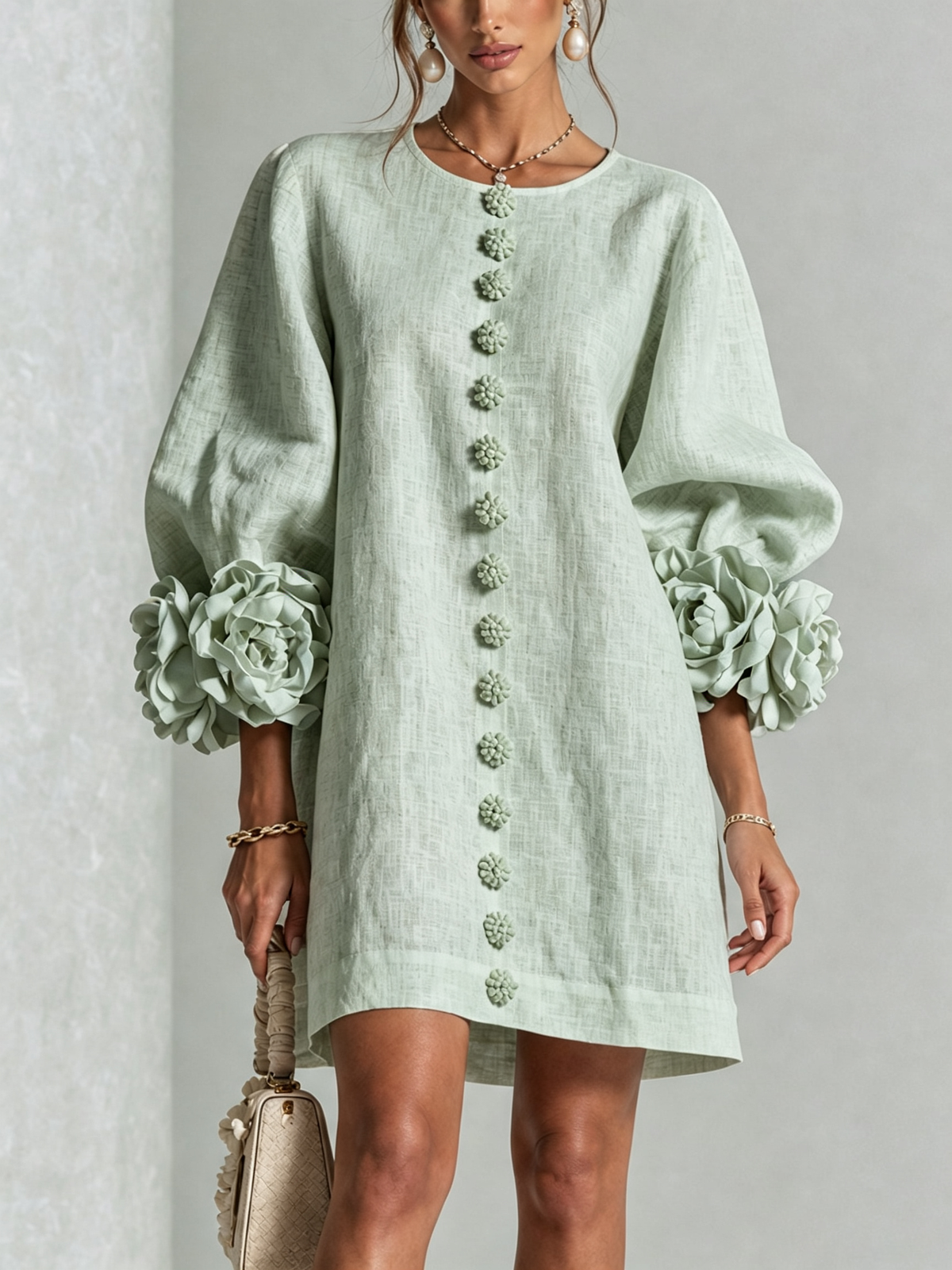 White Mini Dress with Flower Buttons and Extravagant Flower Sleeves